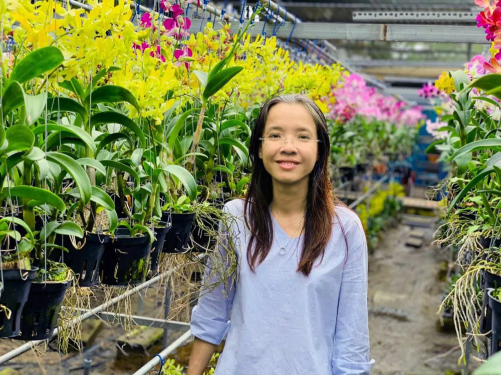 Chị Liêu Thị Kim Phượng tại khu vườn nhân giống và trồng thành phẩm các loại cây mô lan của mìnhChị Liêu Thị Kim Phượng tại khu vườn nhân giống và trồng thành phẩm các loại cây mô lan của mình